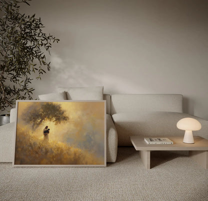 Jesus and the lost black lamb painting in warm golden tones, framed and leaning beside a cream couch in a modern home