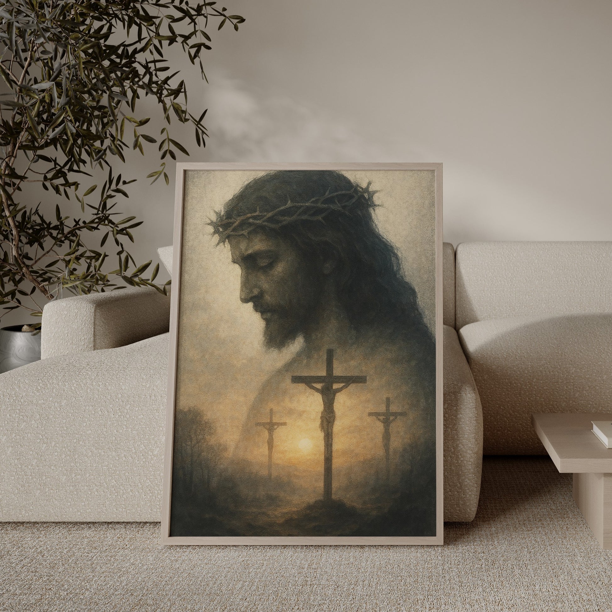 Christian artwork depicting Jesus on the cross during the crucifixion, painted in a contemporary impressionist style with warm, muted tones and a solemn, spiritual mood.