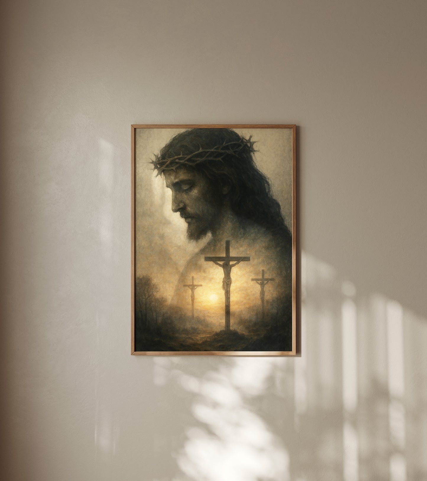 Christian artwork of Jesus’ crucifixion, highlighting spiritual reflection, warm tonal colors, and a serene, impressionist atmosphere.