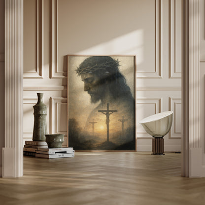 Symbolic Christian art depicting Jesus’ crucifixion, emphasizing divine light, muted earth tones, and a contemplative, sacred scene.