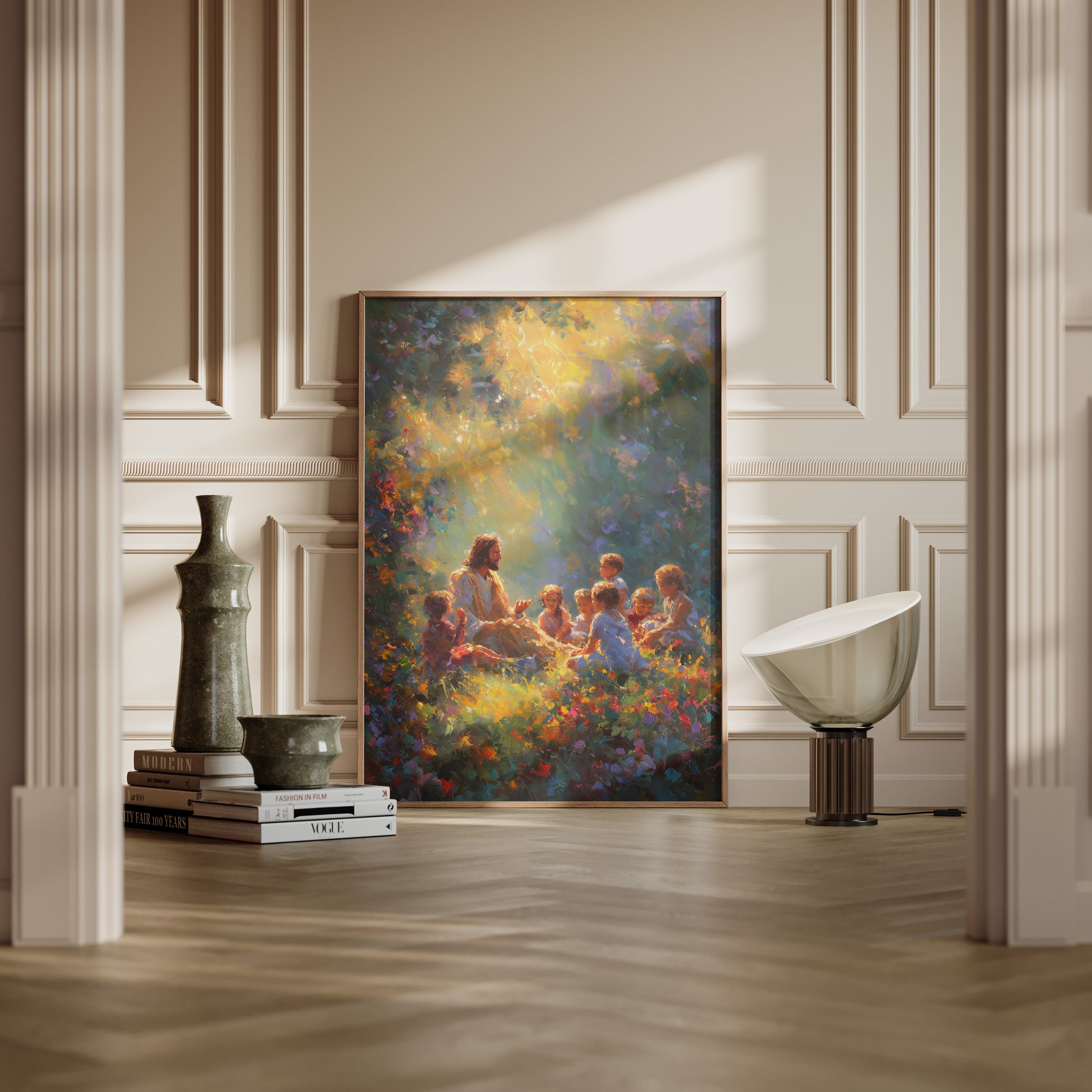 Modern sacred painting of Jesus educating children, using vibrant purples, golds, and blues, soft-focus edges, and expressive impasto brushwork for a spiritual impression.