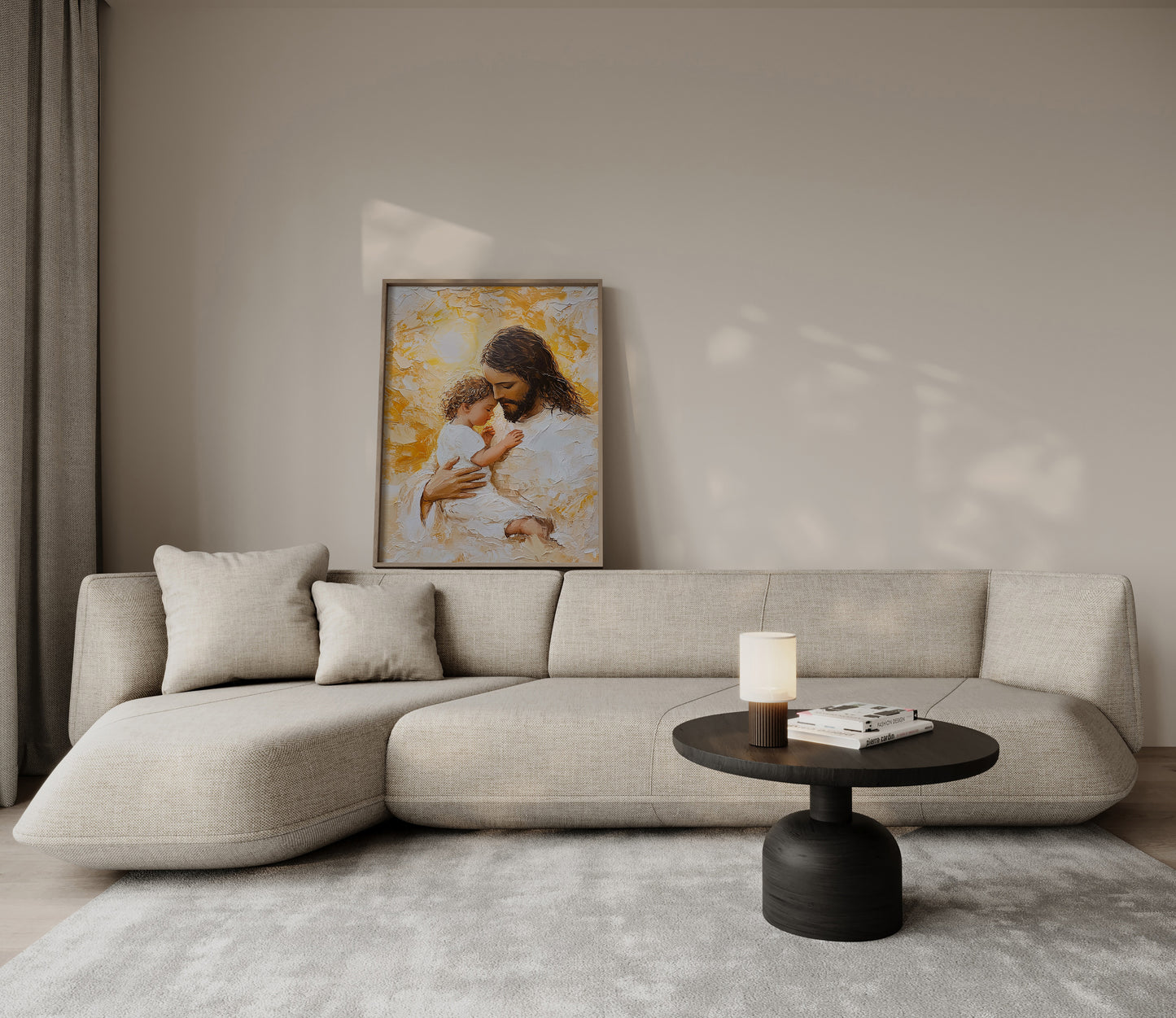 Spiritual impressionist painting of Jesus embracing a child, emphasizing unconditional love through thick paint texture and luminous golden light.