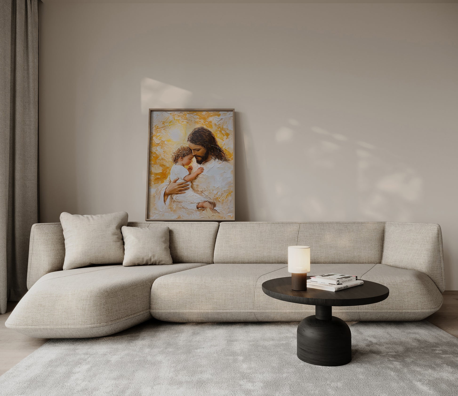Spiritual impressionist painting of Jesus embracing a child, emphasizing unconditional love through thick paint texture and luminous golden light.