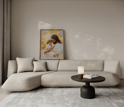 Spiritual impressionist painting of Jesus embracing a child, emphasizing unconditional love through thick paint texture and luminous golden light.