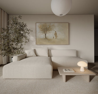 Christian modern painting of Jesus leaving the 99 sheep to save the lost, with soft tonal palette, impressionist brushstrokes, and serene spiritual atmosphere.