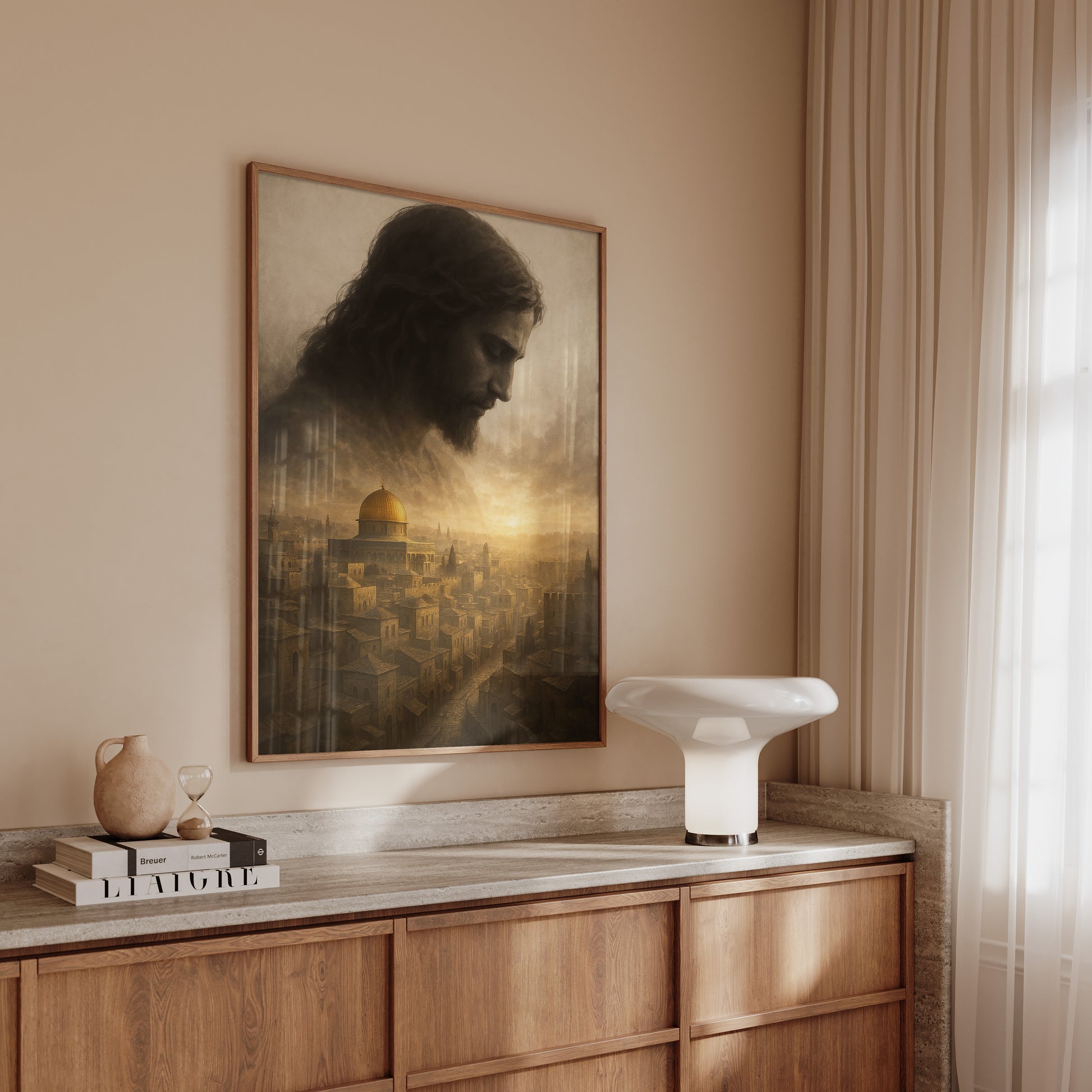 Tonalist Christian artwork of Jesus gazing at Jerusalem, blending textured brushstrokes with a warm, contemplative color palette and divine symbolism.