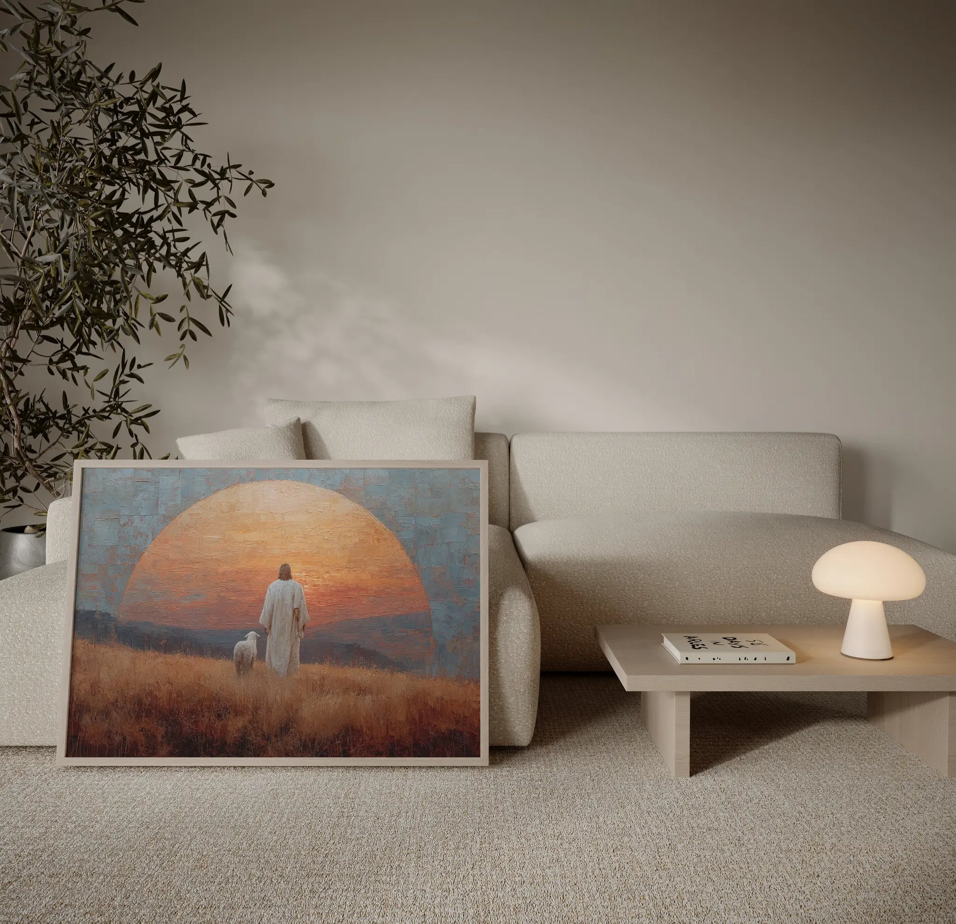Jesus and lamb framed by a stone arch at golden sunset contemporary Christian art print in a modern living room – JesusArtworks
