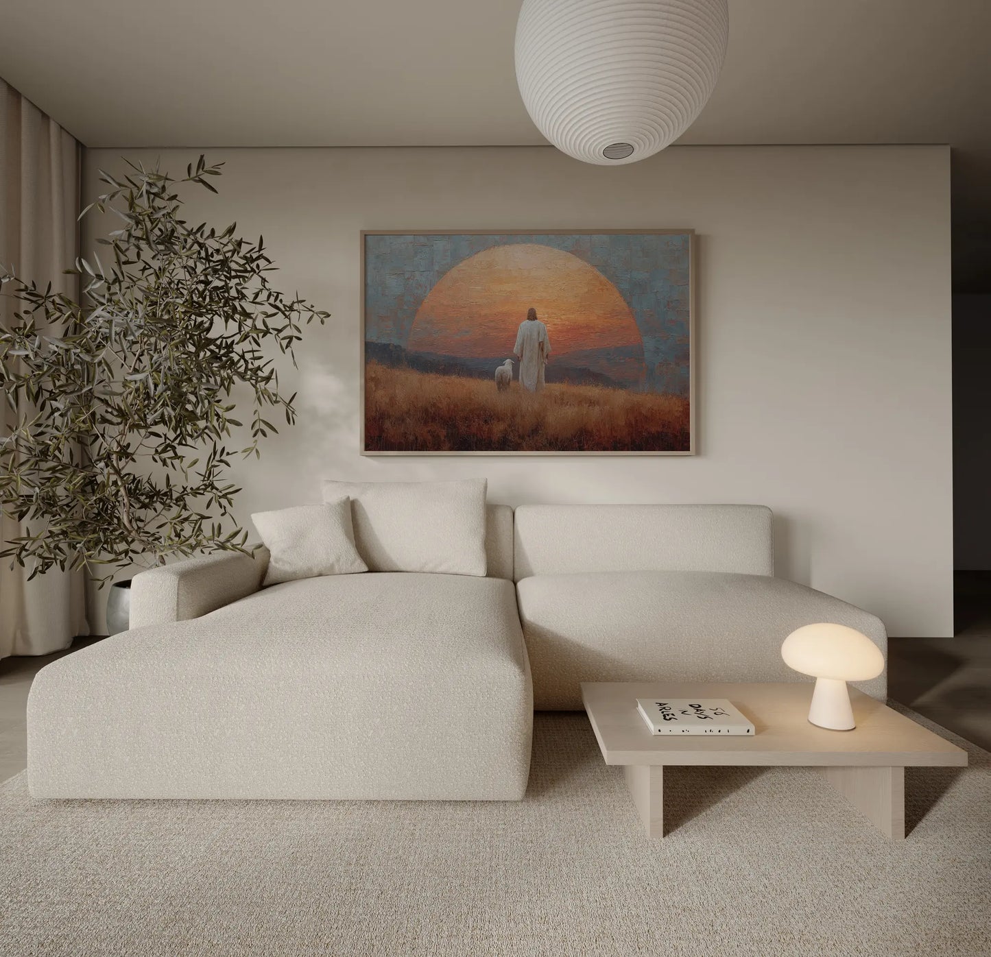 Jesus and lamb framed by a stone arch at golden sunset contemporary Christian art print above a sofa in a bold modern living room – JesusArtworks