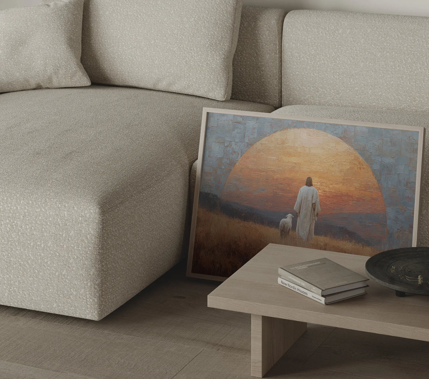 The Gate Jesus and lamb contemporary Christian art print in a neutral modern home with warm earthy tones and natural textures – JesusArtworks