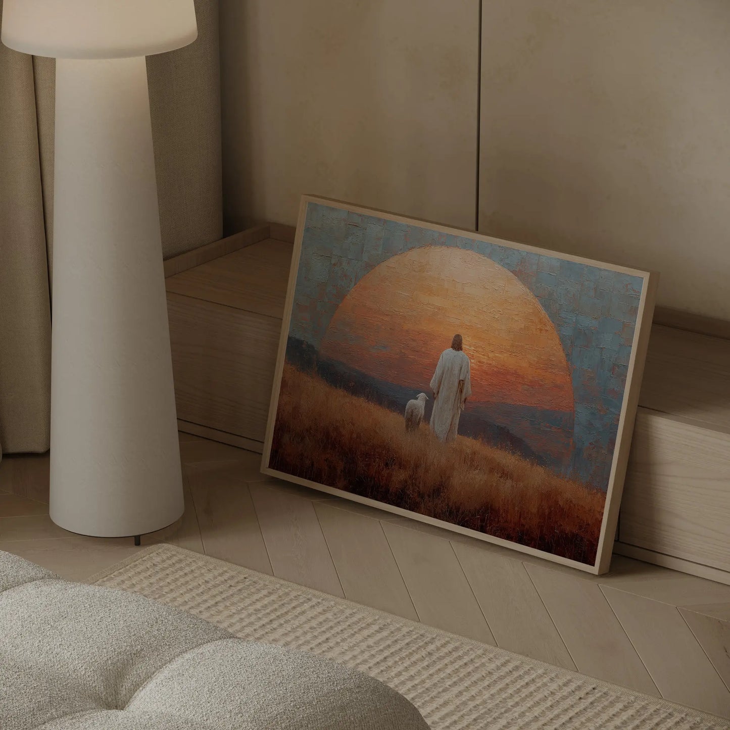 The Gate framed Jesus and lamb stone arch sunset oil painting print in a warm contemporary living room – JesusArtworks