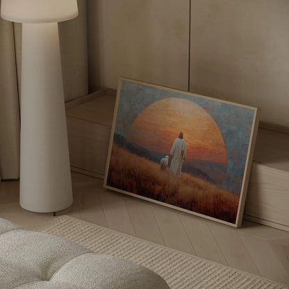 The Gate framed Jesus and lamb stone arch sunset oil painting print in a warm contemporary living room – JesusArtworks