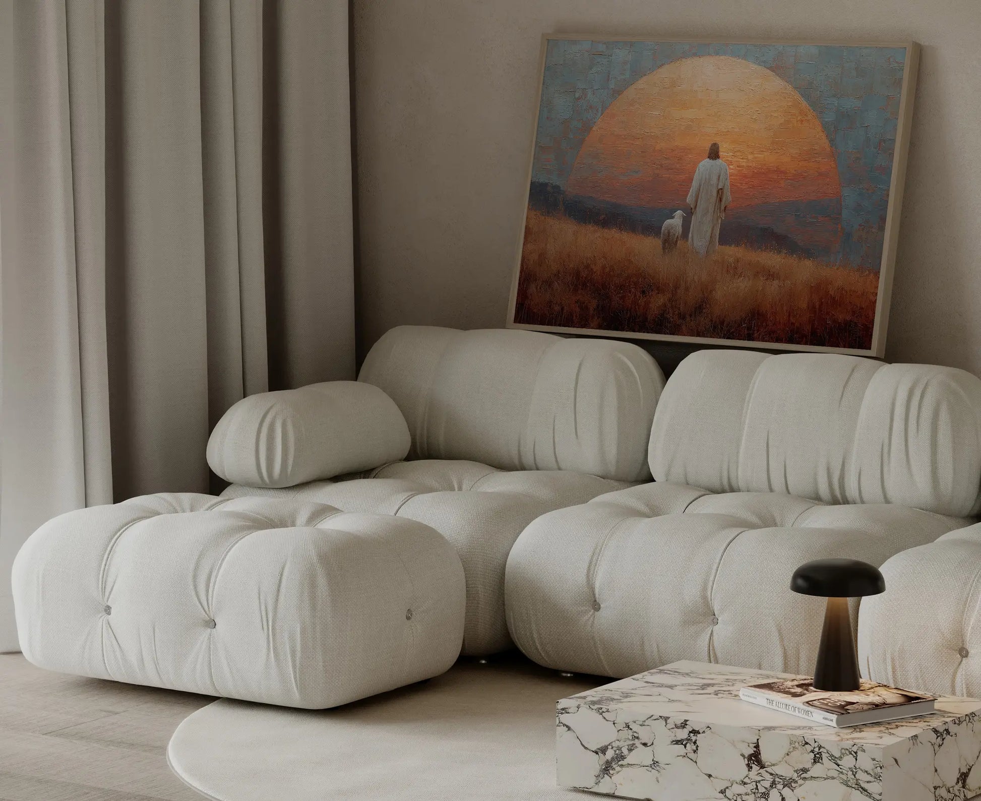 Jesus and lamb golden arch sunset framed oil painting in a warm home – Christian wall decor by JesusArtworks