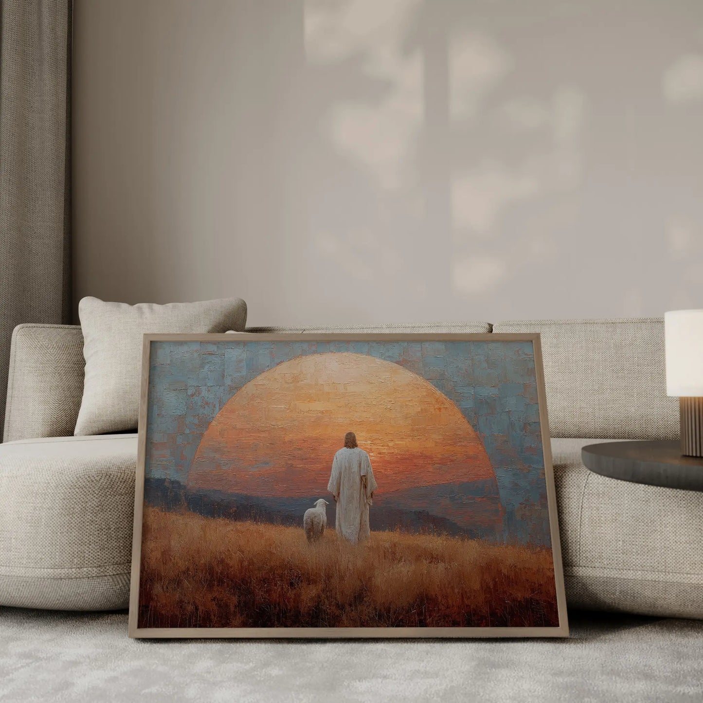 The Gate contemporary oil painting – Jesus in white robes standing with a white lamb in a golden field framed by a massive stone arch against a dramatic orange sunset, Christian wall art by JesusArtworks