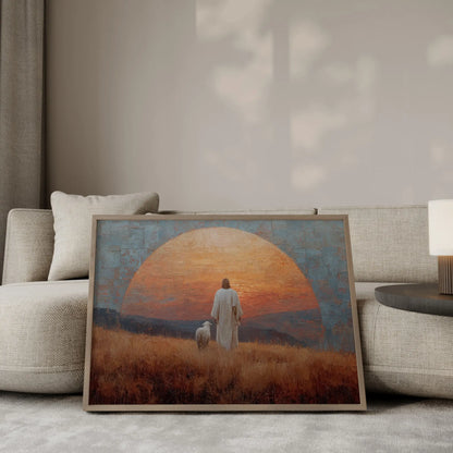 The Gate contemporary oil painting – Jesus in white robes standing with a white lamb in a golden field framed by a massive stone arch against a dramatic orange sunset, Christian wall art by JesusArtworks