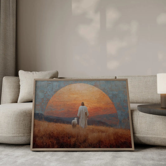 The Gate contemporary oil painting – Jesus in white robes standing with a white lamb in a golden field framed by a massive stone arch against a dramatic orange sunset, Christian wall art by JesusArtworks