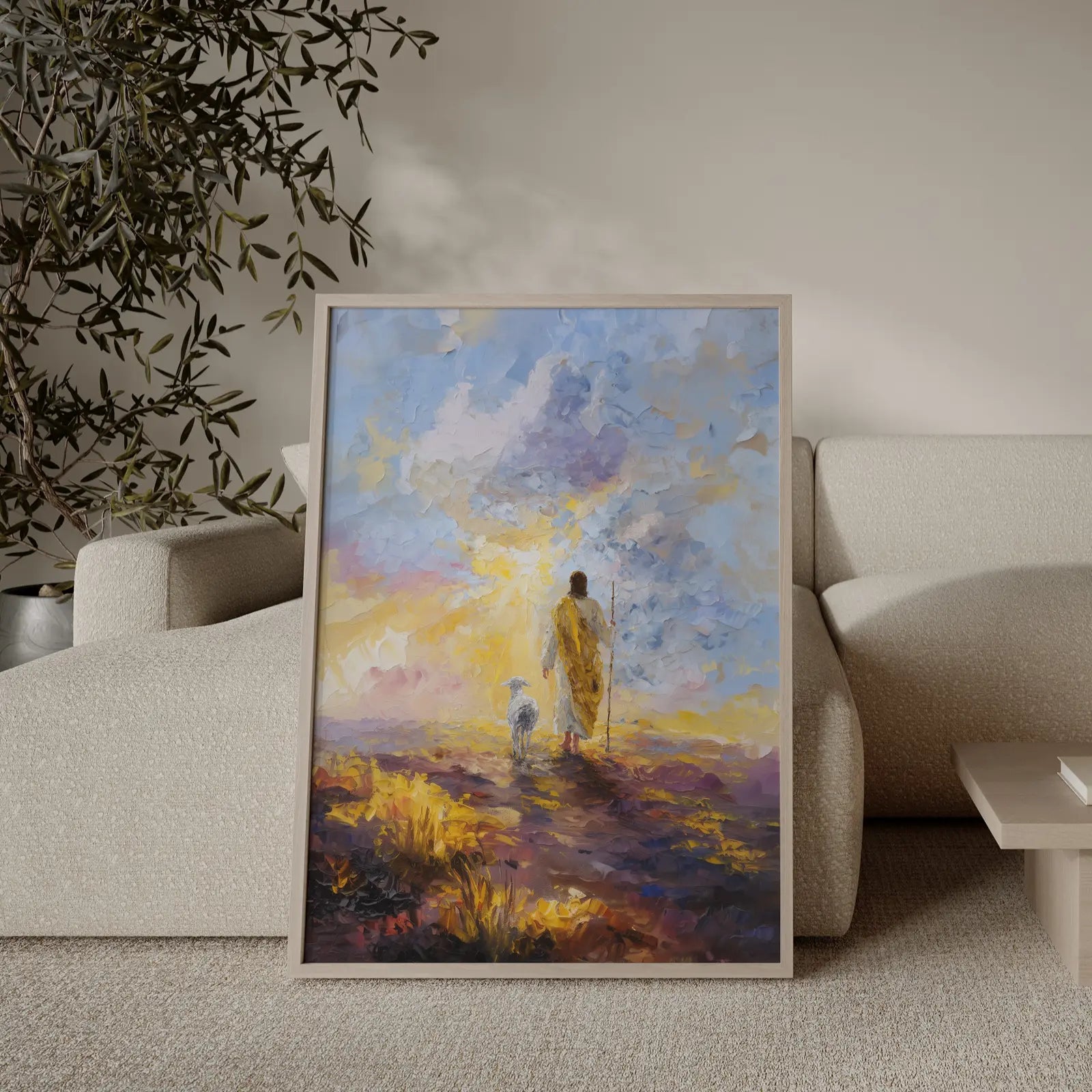 The Good Shepherd wall art, vibrant colorful painting of Jesus walking with a sheep and staff