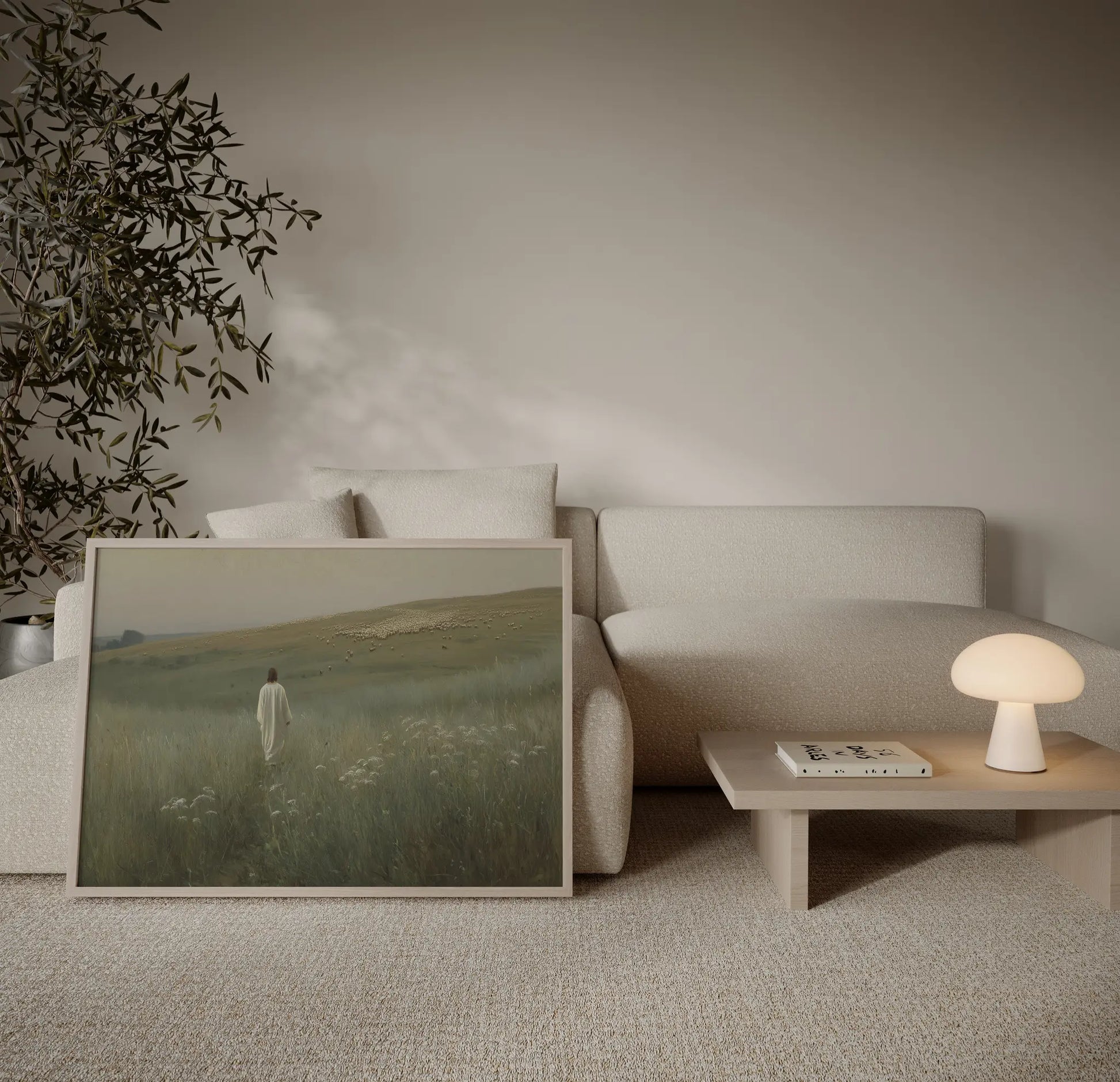 Jesus the Good Shepherd watching over a vast flock across misty green rolling hills art print in a calm Scandinavian living room with white walls and natural wood frame – JesusArtworks