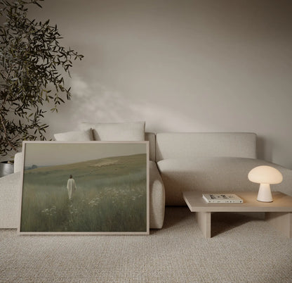 Jesus the Good Shepherd watching over a vast flock across misty green rolling hills art print in a calm Scandinavian living room with white walls and natural wood frame – JesusArtworks