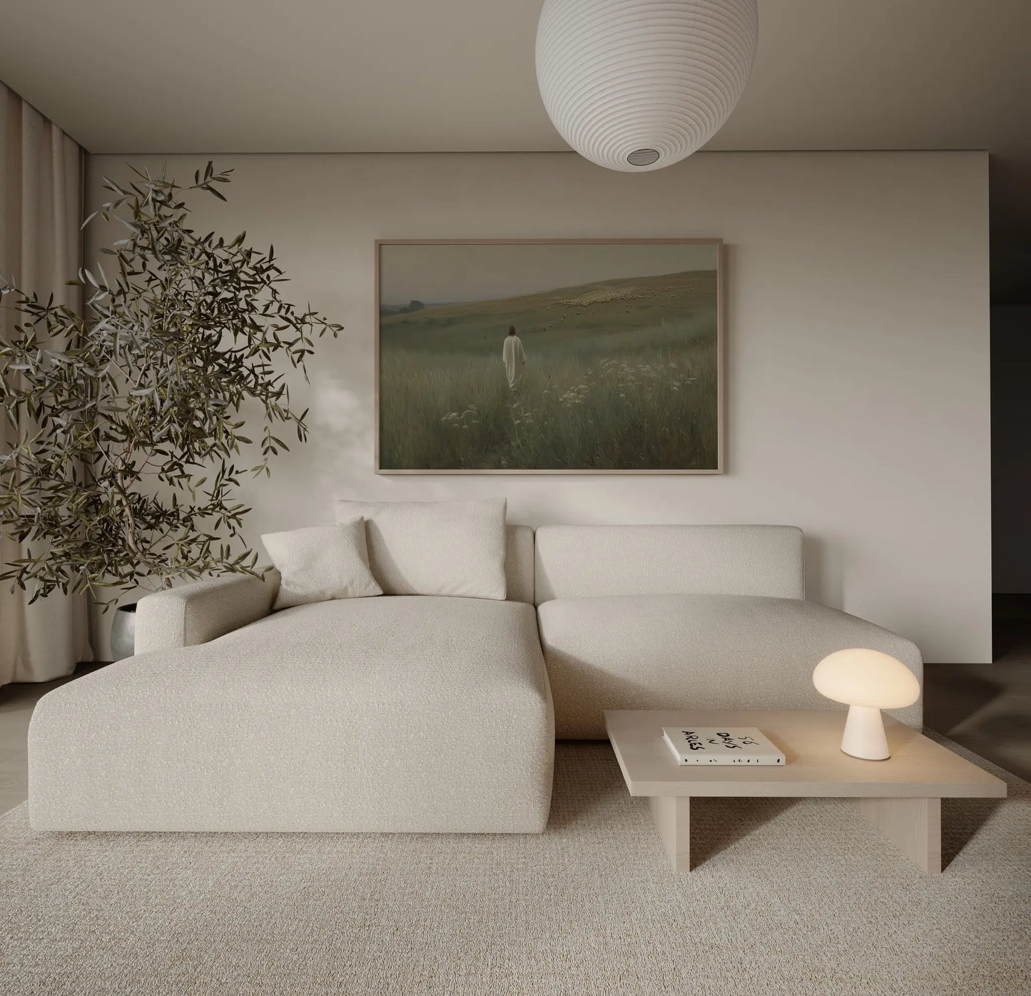 Jesus Good Shepherd and vast flock muted green field large format art print above a sofa in a contemporary Scandinavian living room – JesusArtworks