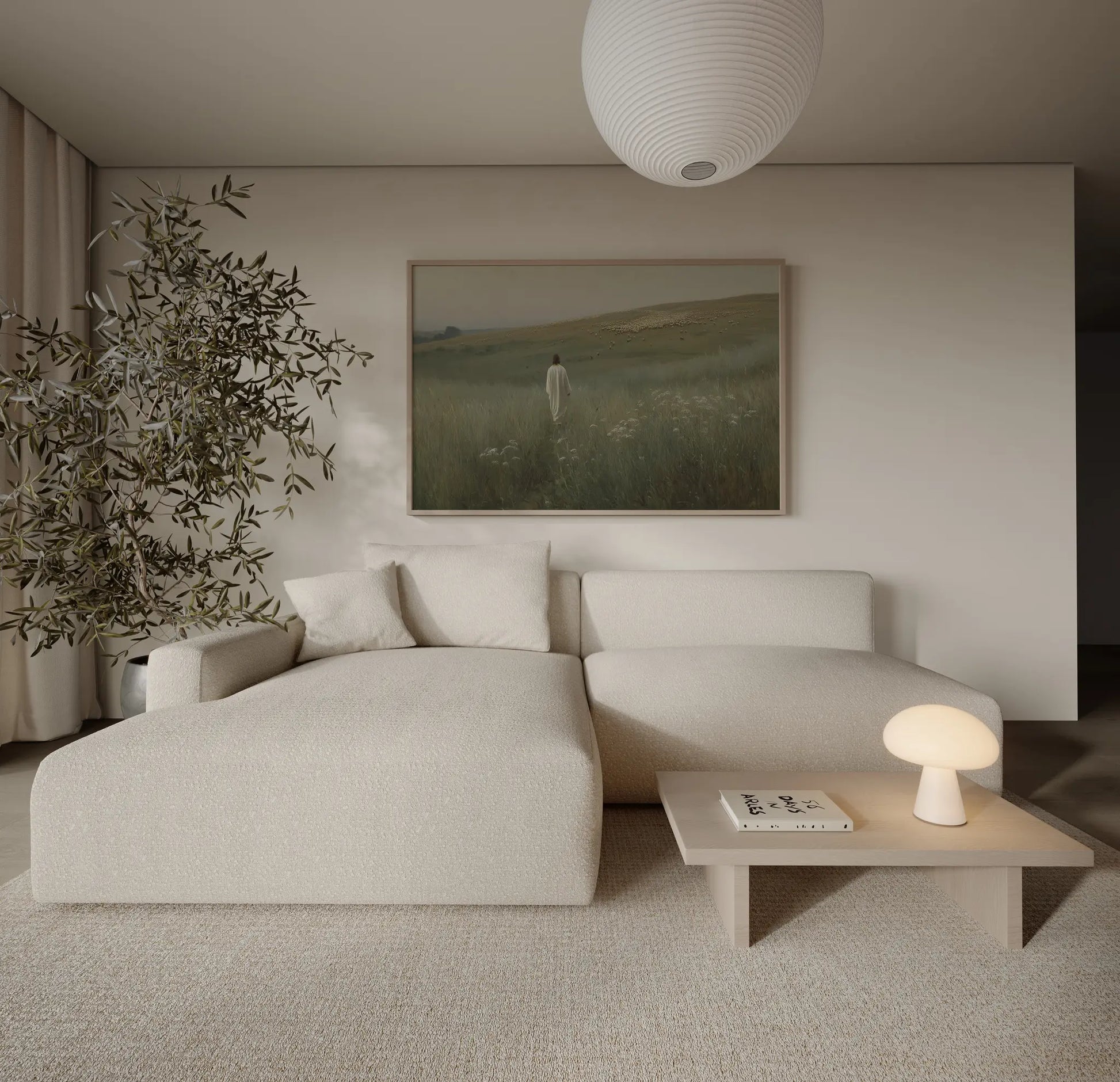 Jesus Good Shepherd and vast flock muted green field large format art print above a sofa in a contemporary Scandinavian living room – JesusArtworks