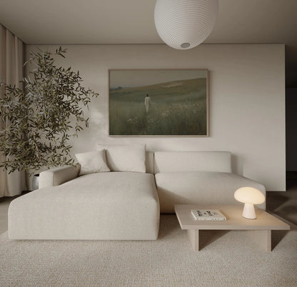 Jesus Good Shepherd and vast flock muted green field large format art print above a sofa in a contemporary Scandinavian living room – JesusArtworks