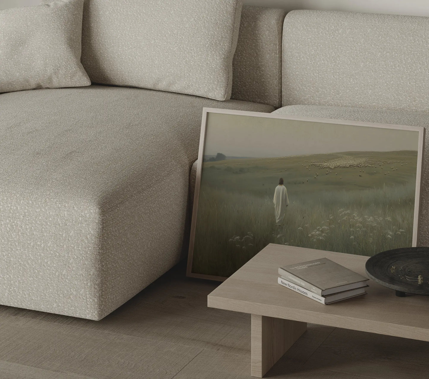 The Ninety-Nine framed Jesus shepherd flock oil painting print in a serene neutral bedroom with linen bedding and warm soft lighting – JesusArtworks