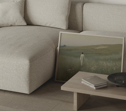 The Ninety-Nine framed Jesus shepherd flock oil painting print in a serene neutral bedroom with linen bedding and warm soft lighting – JesusArtworks
