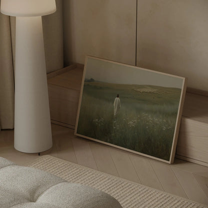 Jesus watching over a flock on rolling hills framed atmospheric oil painting in a warm home study with natural wood bookshelf – JesusArtworks