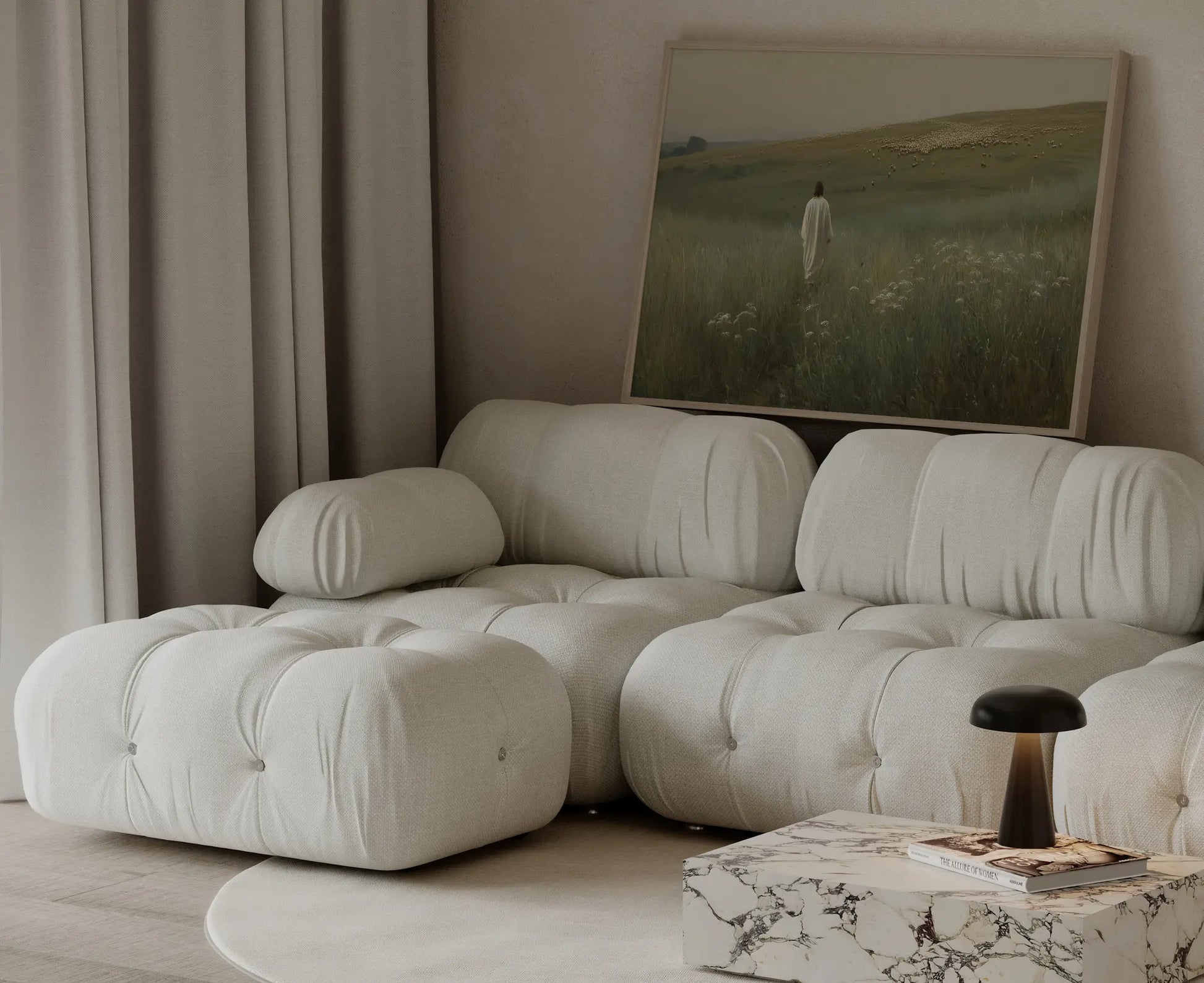 The Ninety-Nine Jesus shepherd flock Christian art print in a neutral minimalist home – JesusArtworks