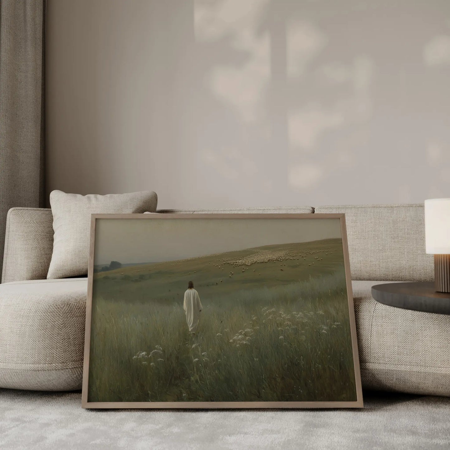 The Ninety-Nine oil painting – Jesus in white robes standing in a misty green meadow watching over a vast flock of sheep scattered across rolling hills, atmospheric Christian wall art by JesusArtworks
