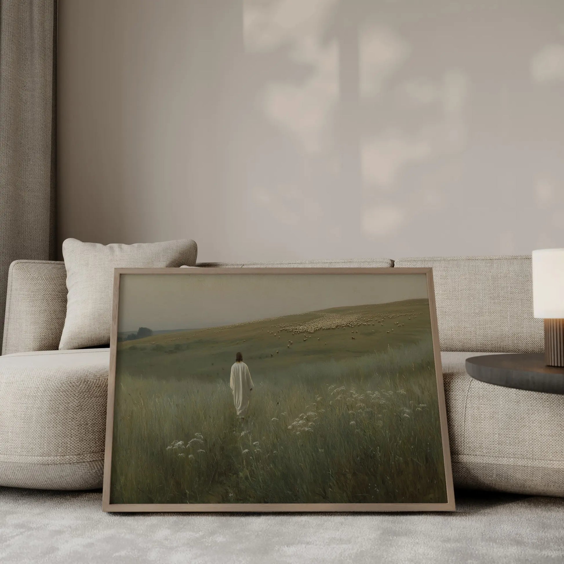 The Ninety-Nine oil painting – Jesus in white robes standing in a misty green meadow watching over a vast flock of sheep scattered across rolling hills, atmospheric Christian wall art by JesusArtworks