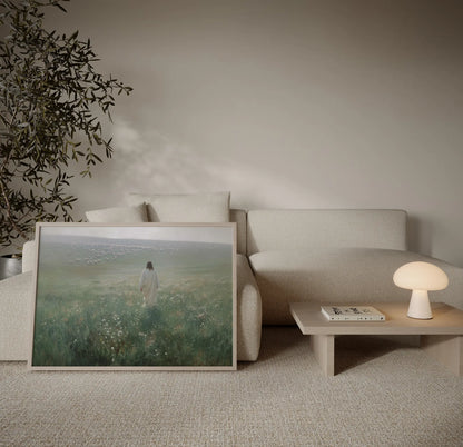 Good Shepherd Jesus and lamb warm evening light art print in a cozy, softly lit living room with neutral linen bedding – Christian wall decor by JesusArtworks