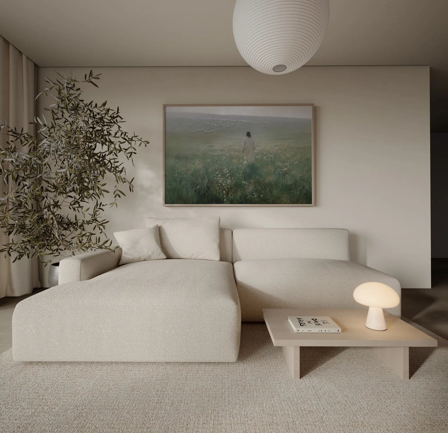 He Calls You by Name Jesus and lamb Christian art print in a Scandinavian neutral living room with white walls and warm wood tones – JesusArtworks