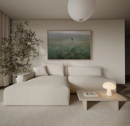 He Calls You by Name Jesus and lamb Christian art print in a Scandinavian neutral living room with white walls and warm wood tones – JesusArtworks