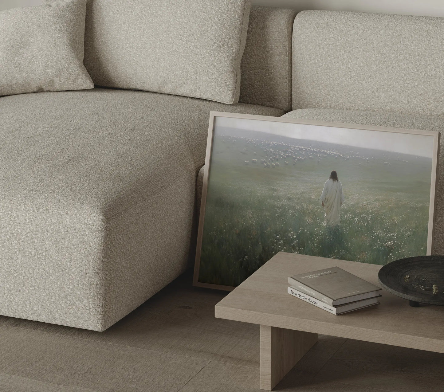 Good Shepherd Jesus and lamb oil painting in a thin dark frame displayed in a warm home study or office – Christian wall decor by JesusArtworks