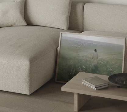 Good Shepherd Jesus and lamb oil painting in a thin dark frame displayed in a warm home study or office – Christian wall decor by JesusArtworks