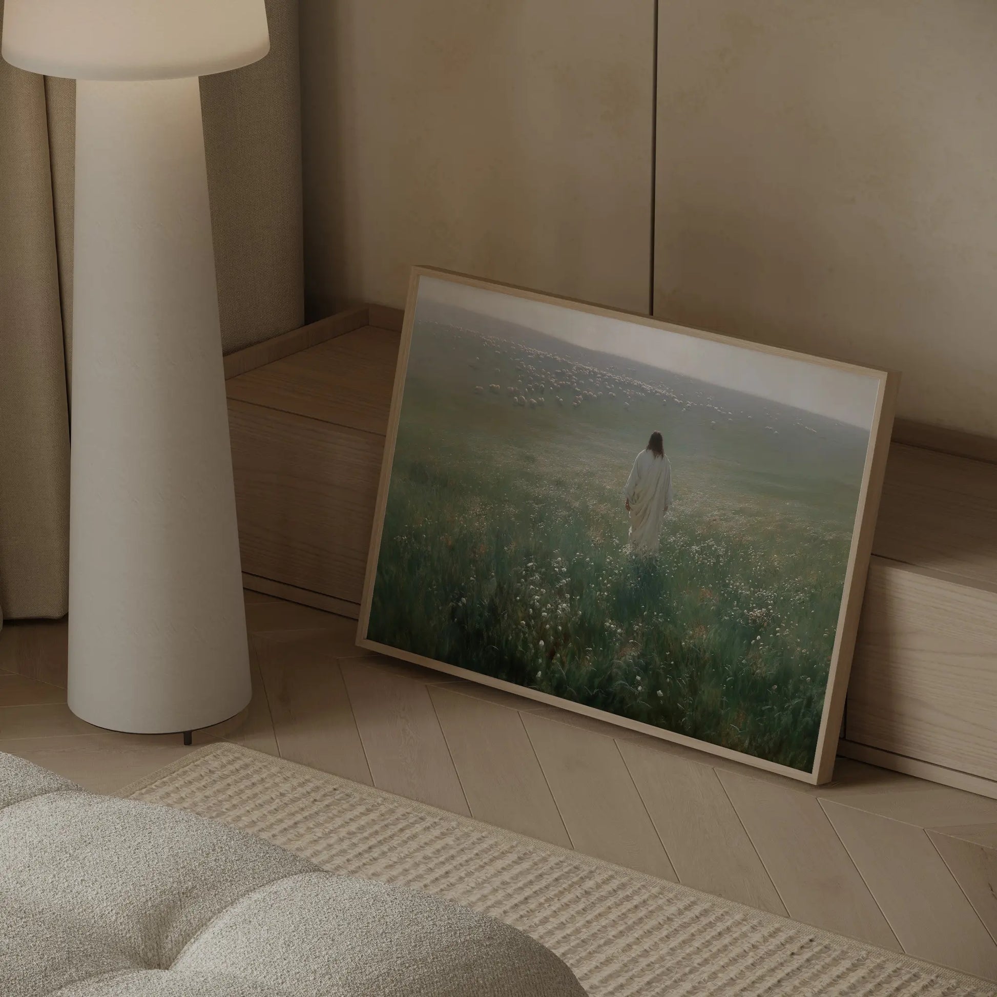 He Calls You by Name Jesus and lamb framed Christian oil painting print in a warm neutral living room – JesusArtworks