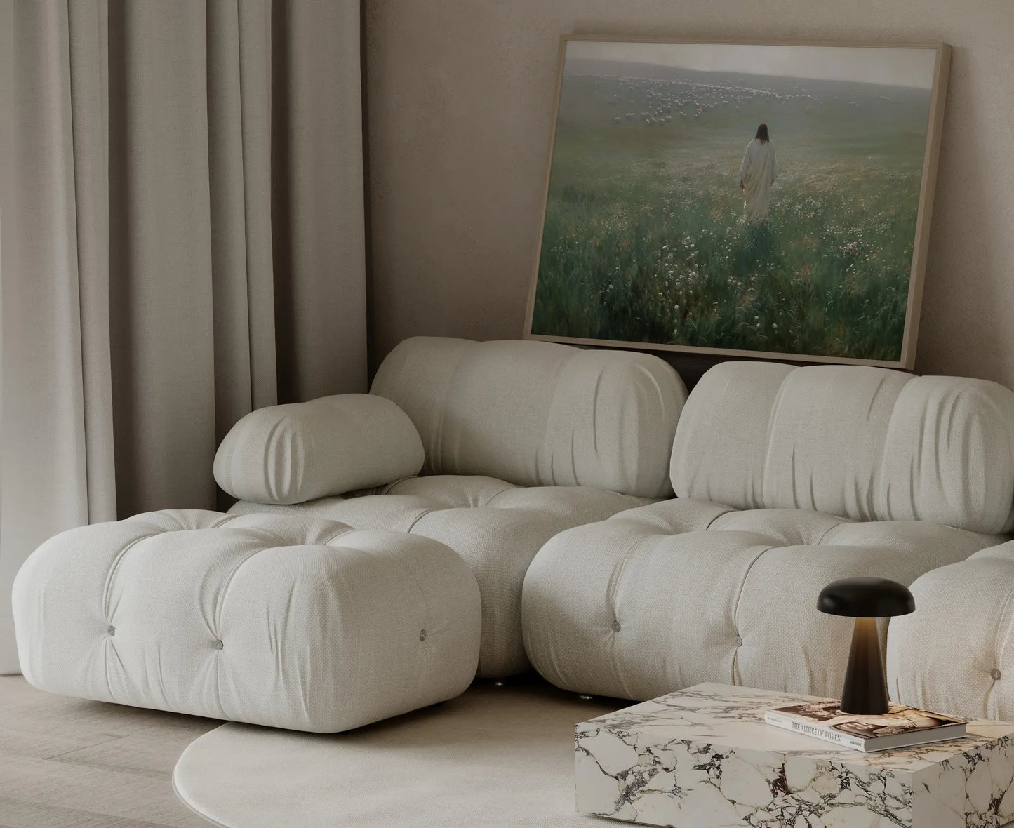 Good Shepherd Jesus and lamb golden evening art print in a large format above a bed in a serene living room – biblical wall art by JesusArtworks