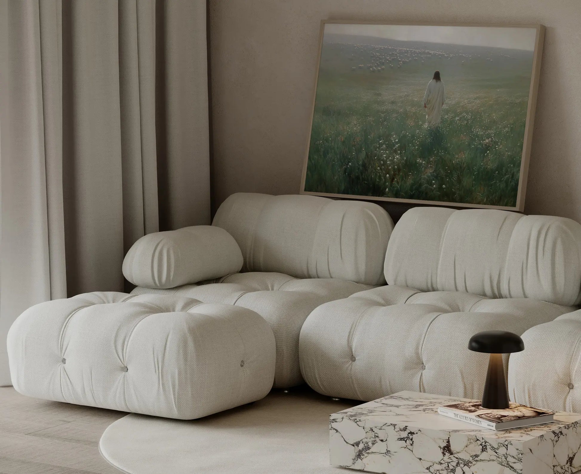 Good Shepherd Jesus and lamb golden evening art print in a large format above a bed in a serene living room – biblical wall art by JesusArtworks