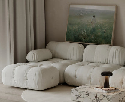 Good Shepherd Jesus and lamb golden evening art print in a large format above a bed in a serene living room – biblical wall art by JesusArtworks