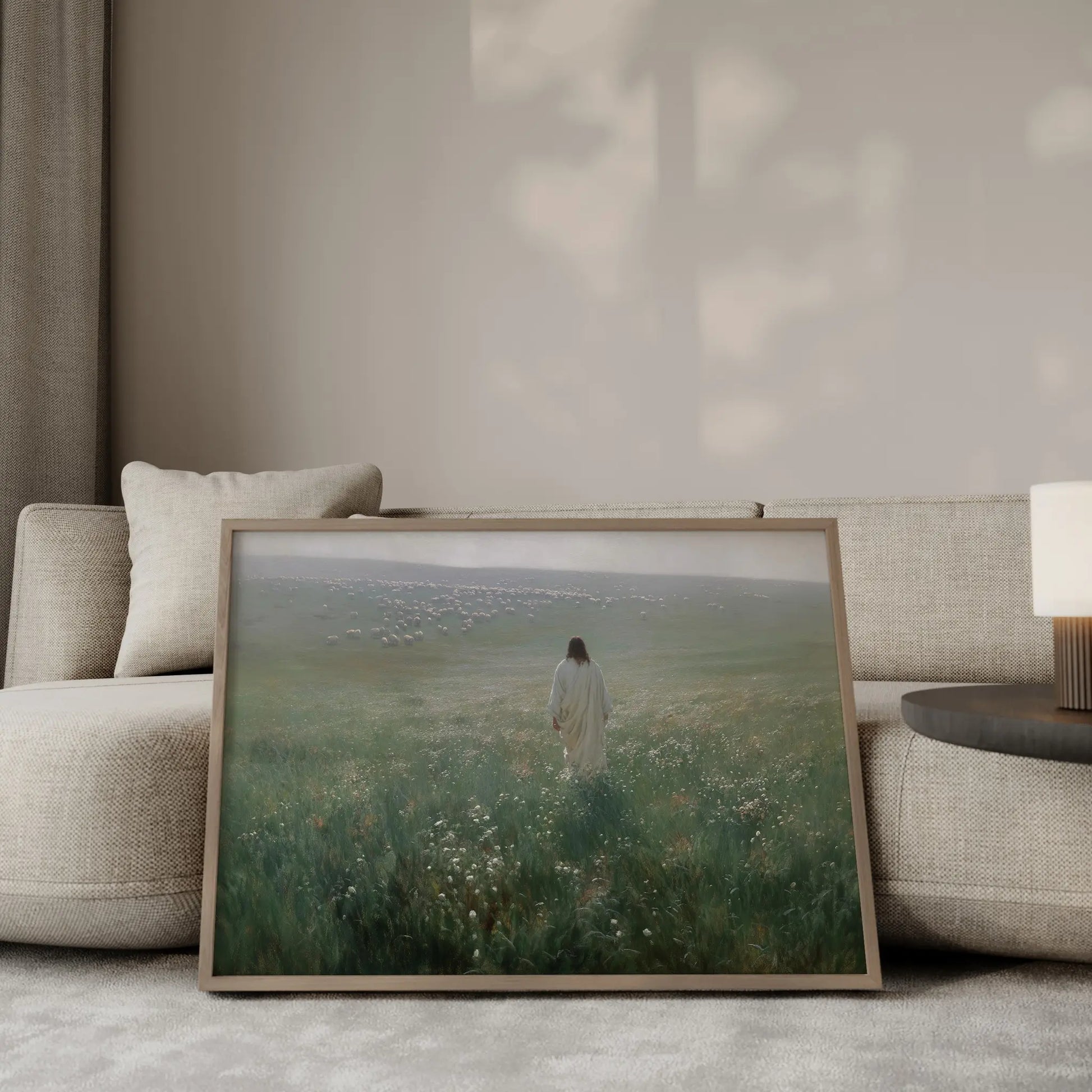 He Calls You by Name oil painting – Jesus the Good Shepherd walking with a white lamb through warm evening golden light, intimate pastoral Christian wall art by JesusArtworks