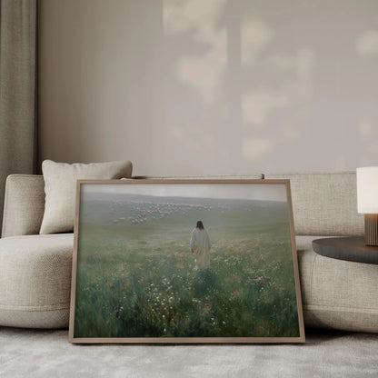 He Calls You by Name oil painting – Jesus the Good Shepherd walking with a white lamb through warm evening golden light, intimate pastoral Christian wall art by JesusArtworks