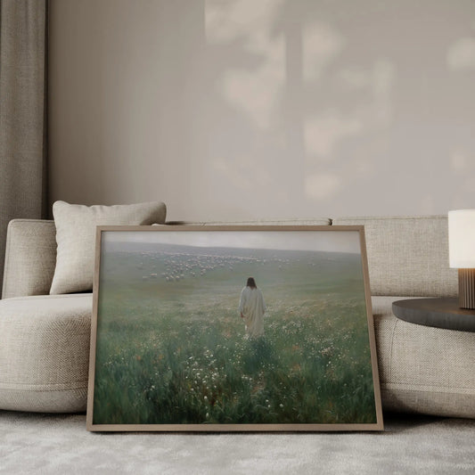 He Calls You by Name oil painting – Jesus the Good Shepherd walking with a white lamb through warm evening golden light, intimate pastoral Christian wall art by JesusArtworks