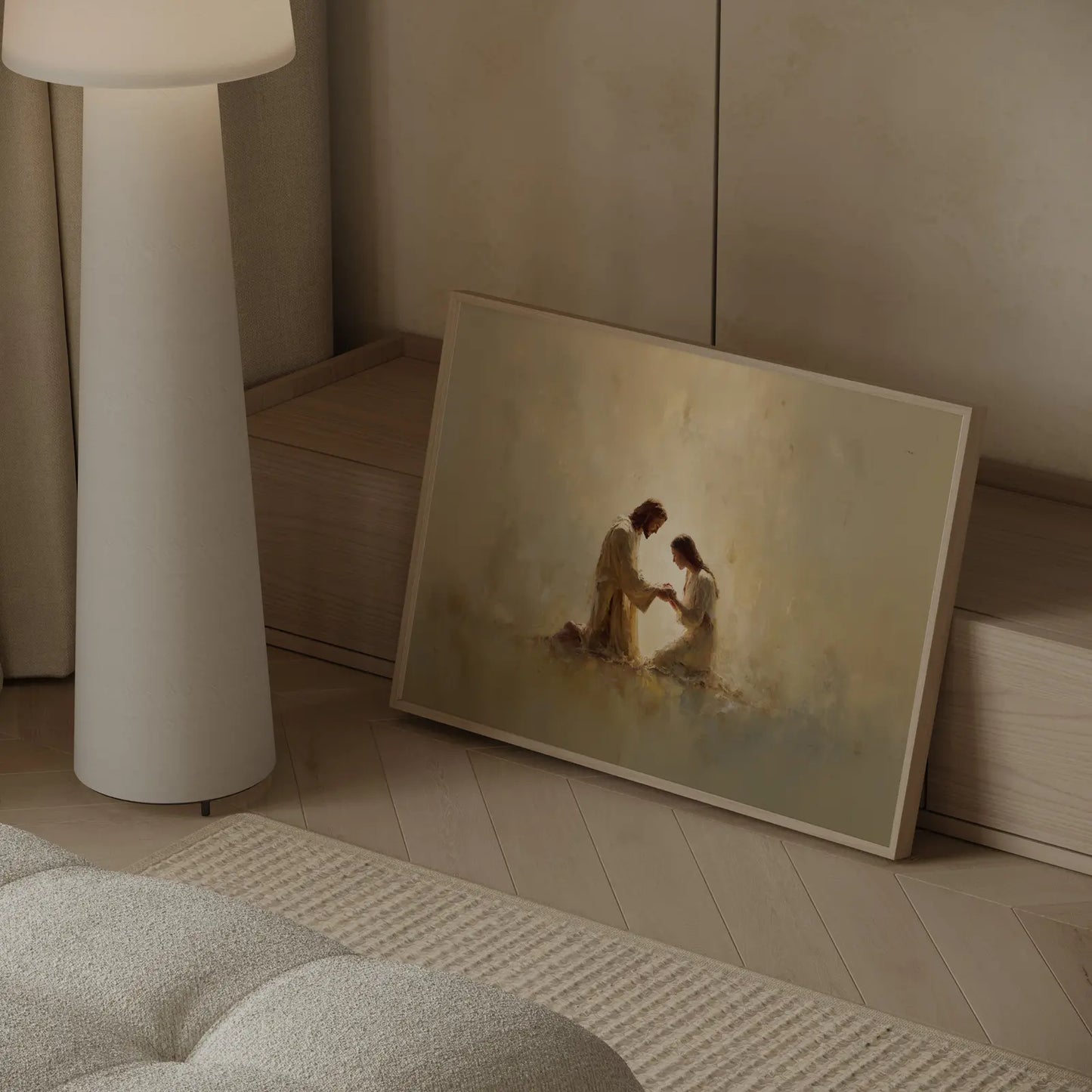 Close up of impressionist brushstrokes showing Jesus holding a woman's hands in a healing moment