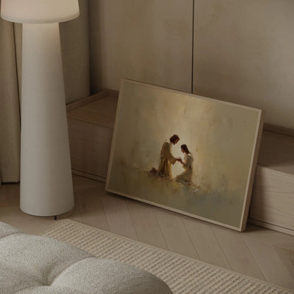 Close up of impressionist brushstrokes showing Jesus holding a woman's hands in a healing moment