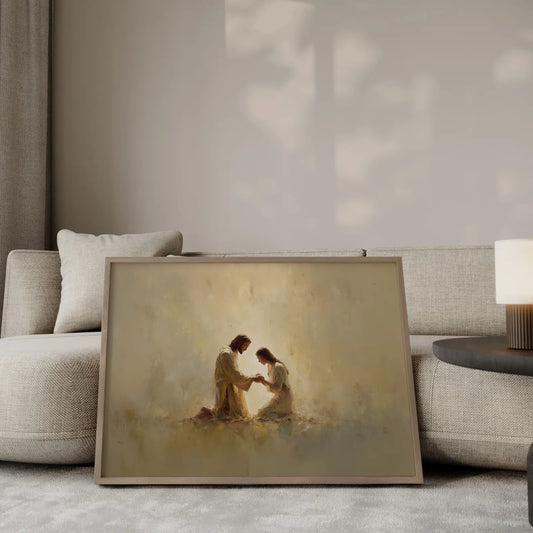 Landscape Christian wall art of Jesus healing a woman, horizontal golden tone painting for home decor