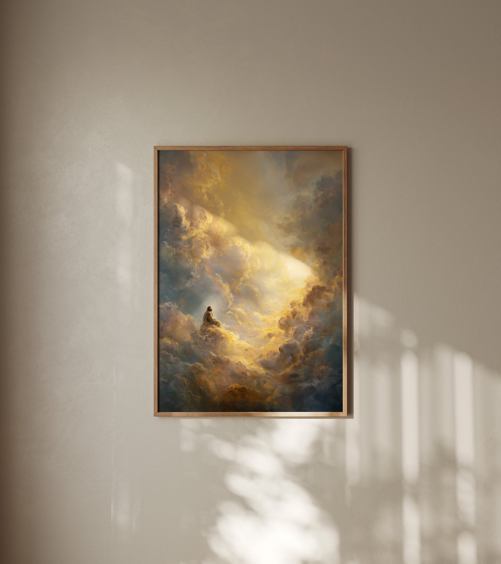 Modern spiritual portrait of Jesus resting on a cloud in heaven, painted with muted golds, gentle light, and a serene, otherworldly presence.
