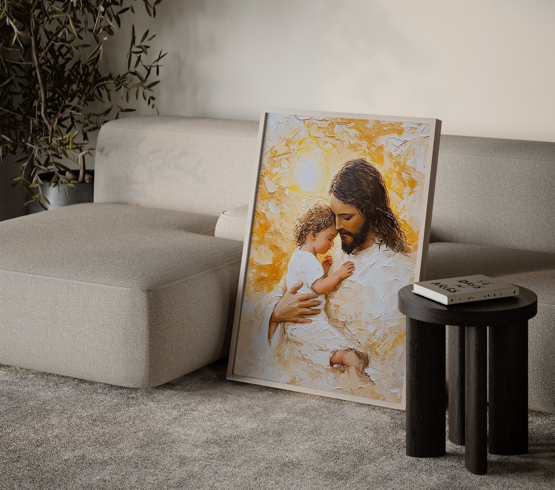 Divine Christian painting of Jesus gently holding a child, using heavy impasto technique, soft cream highlights, and a radiant, comforting presence.