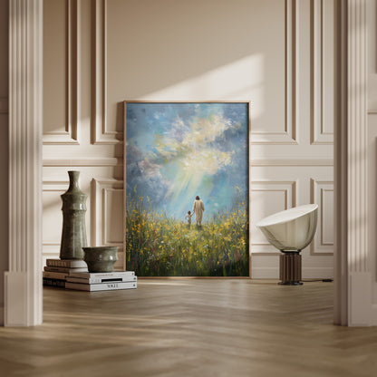Christian painting of Jesus walking hand in hand with a child, emphasizing love, guidance, and a gentle, tender spiritual connection.