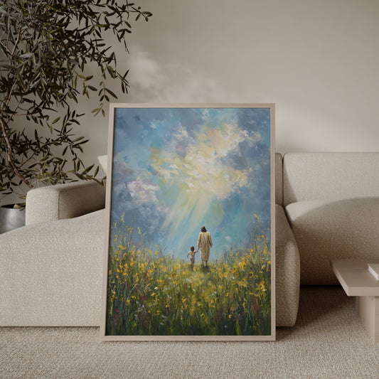 Modern Christian painting of Jesus walking hand in hand with a child, using warm blue tones, impasto texture, and a tender, spiritual atmosphere.